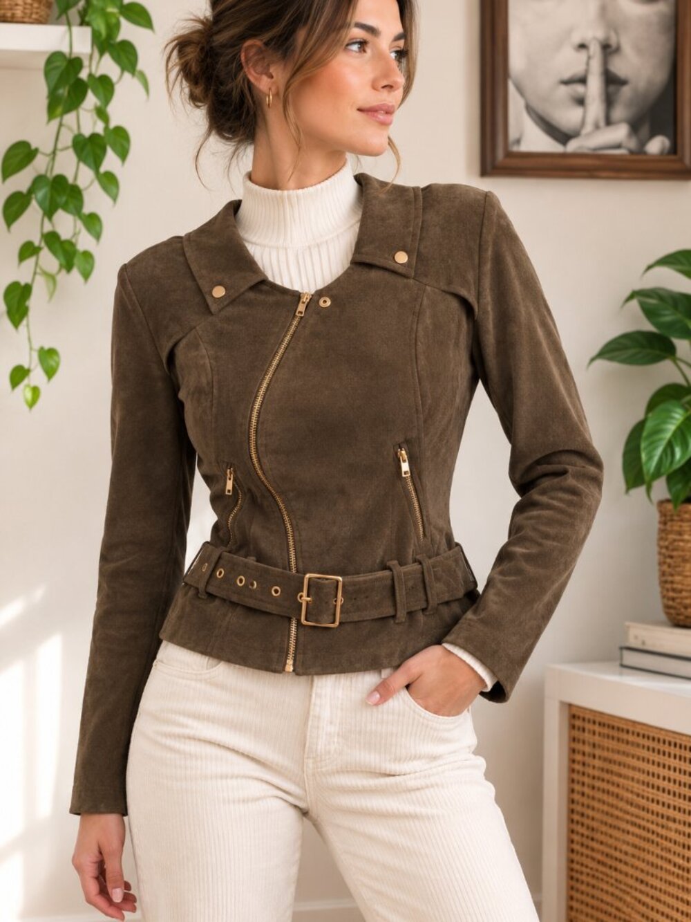 Suede Olive Green Faux Suede Moto Jacket Belted Biker Gold Hardware Quiet Luxu